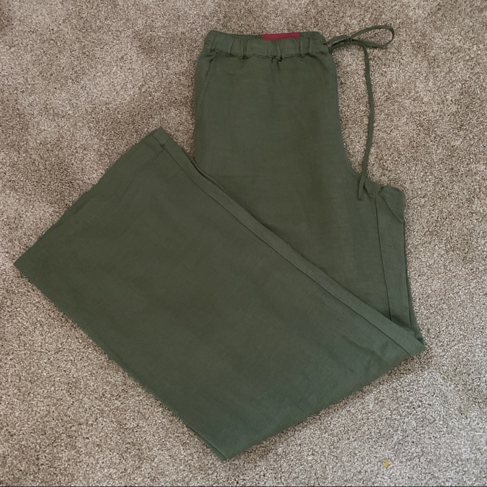 Merona Pants Army Green Wide Leg Elastic Drawstring Linen Blend Med NWT